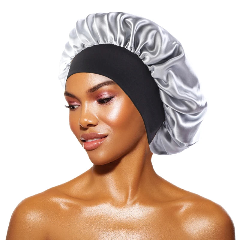 Women's Satin Sleep Bonnet – Wide Brim Night Cap with Elastic Band, 28 Colors