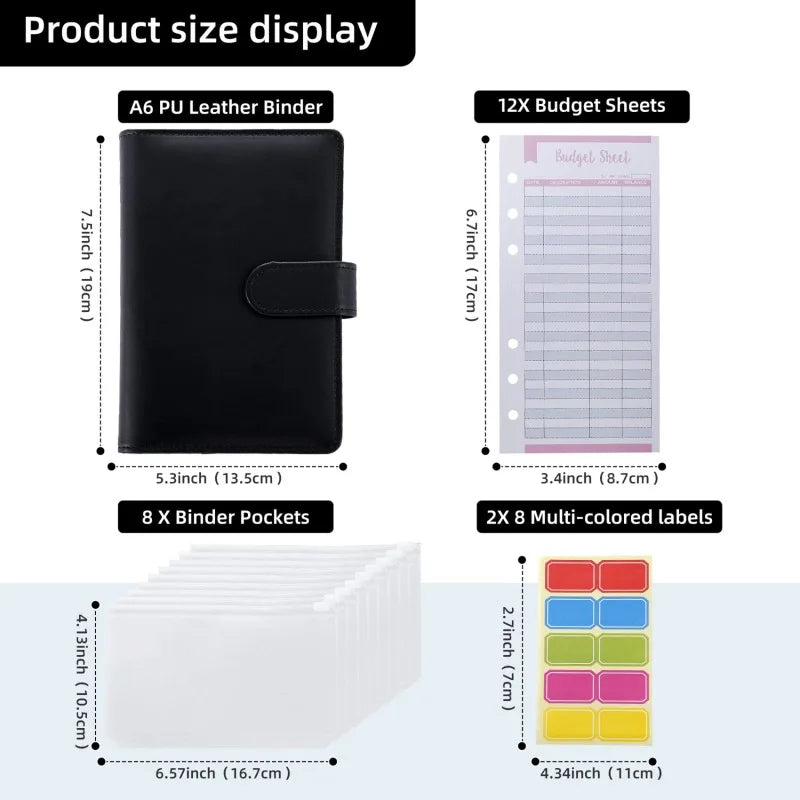 PU Leather Budget Binder | A6 Cash Envelope Wallet with Zipper Pockets | Money Saving Planner