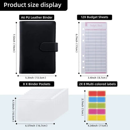 PU Leather Budget Binder | A6 Cash Envelope Wallet with Zipper Pockets | Money Saving Planner