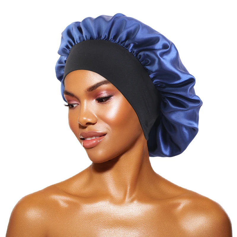 Women's Satin Sleep Bonnet – Wide Brim Night Cap with Elastic Band, 28 Colors