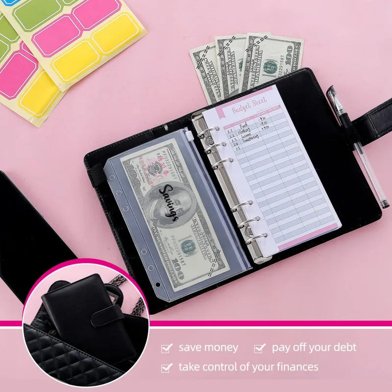 PU Leather Budget Binder | A6 Cash Envelope Wallet with Zipper Pockets | Money Saving Planner