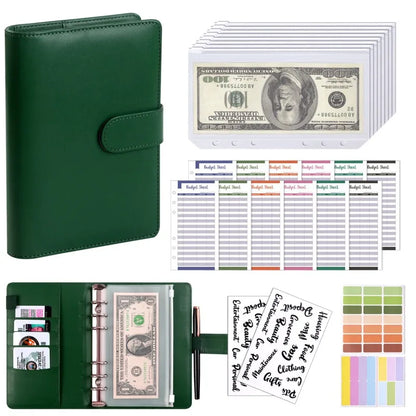 PU Leather Budget Binder | A6 Cash Envelope Wallet with Zipper Pockets | Money Saving Planner