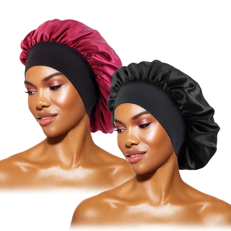 Women's Satin Sleep Bonnet – Wide Brim Night Cap with Elastic Band, 28 Colors