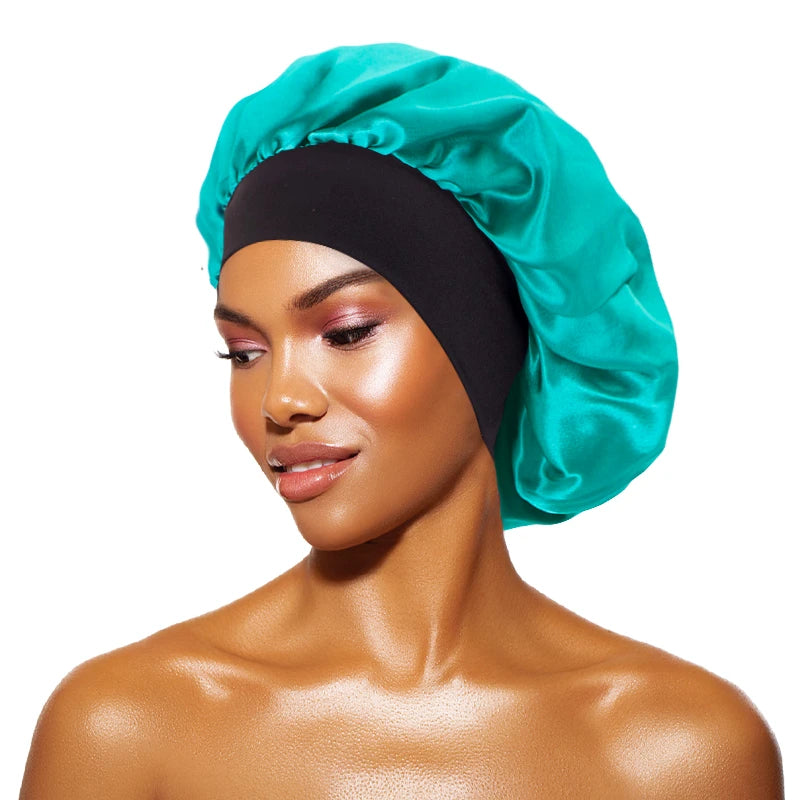 Women's Satin Sleep Bonnet – Wide Brim Night Cap with Elastic Band, 28 Colors