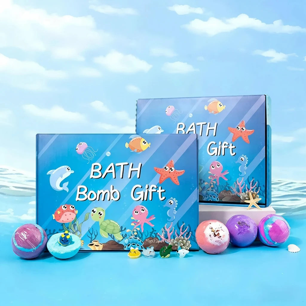 Ocean-themed bath bomb gift set with packaging on a blue water background