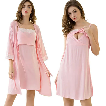 Maternity Labor Dress & Robe 2-Piece Set | Nursing Nightgown Sleepwear for Pregnant Women