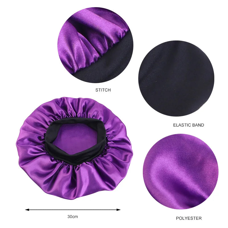 Women's Satin Sleep Bonnet – Wide Brim Night Cap with Elastic Band, 28 Colors