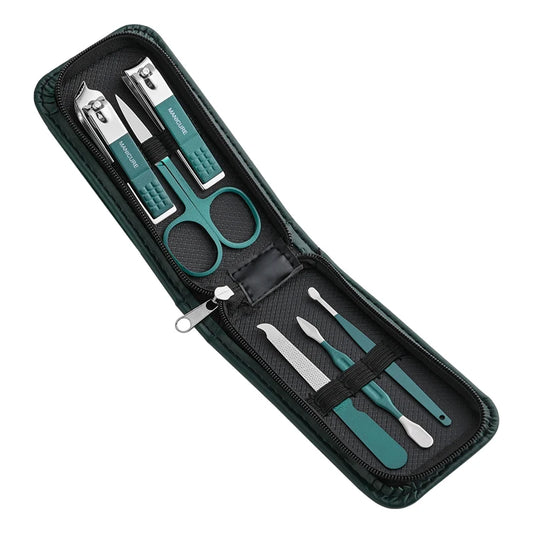 Manicure set with scissors, clippers, and other tools in a black case on a white background