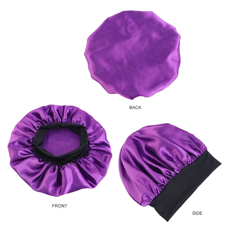 Women's Satin Sleep Bonnet – Wide Brim Night Cap with Elastic Band, 28 Colors