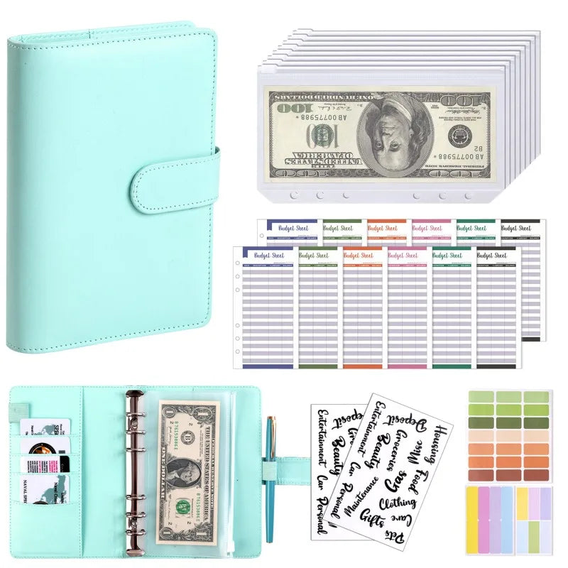PU Leather Budget Binder | A6 Cash Envelope Wallet with Zipper Pockets | Money Saving Planner