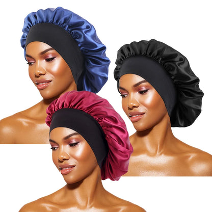 Women's Satin Sleep Bonnet – Wide Brim Night Cap with Elastic Band, 28 Colors