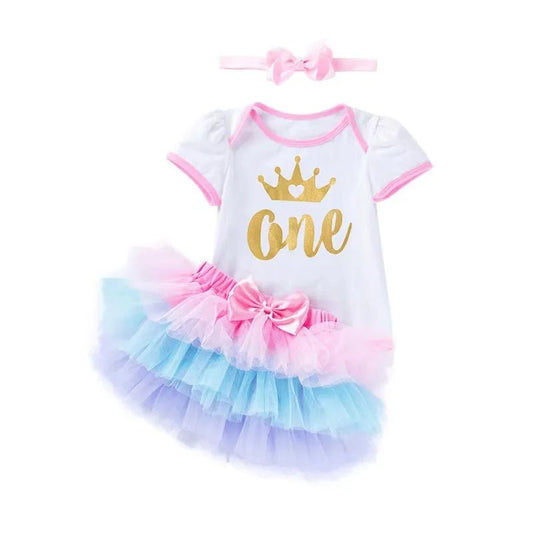 Baby Girl Tutu Birthday Set | Short Sleeve Romper & Pettiskirt 3-Piece Summer Outfit - Babytopia32