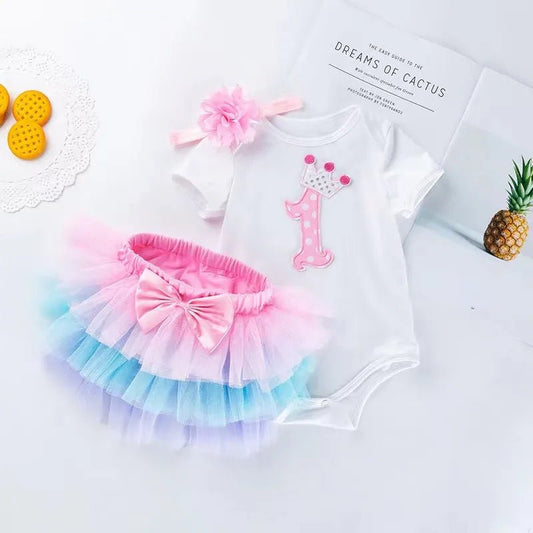 Baby Girl Tutu Birthday Set | Short Sleeve Romper & Pettiskirt 3-Piece Summer Outfit - Babytopia32