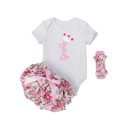 Baby Girl Tutu Birthday Set | Short Sleeve Romper & Pettiskirt 3-Piece Summer Outfit - Babytopia32