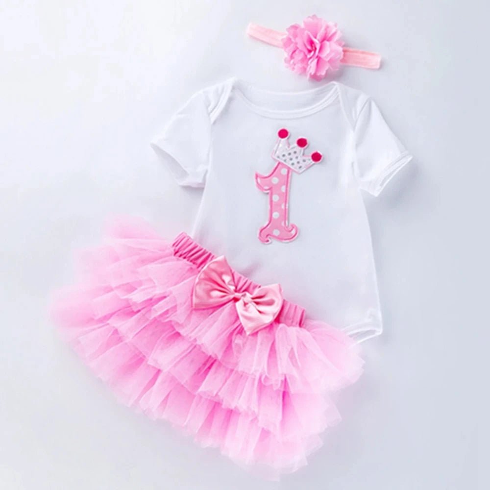 Baby Girl Tutu Birthday Set | Short Sleeve Romper & Pettiskirt 3-Piece Summer Outfit - Babytopia32