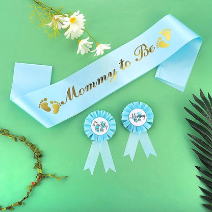 Baby Shower Mom-to-Be Sash & Tinplate Badge Combo Kit – Gender Reveal Party Set - Babytopia32