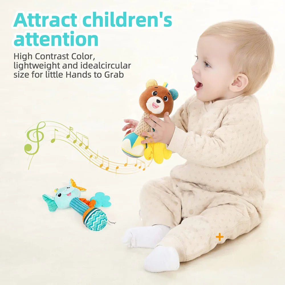 Baby Soft Stuffed Animal Rattle — Musical Crinkle Squeaky Sensory Toy | Hand Grip Shaker for Babies 0–24 Months - Babytopia32