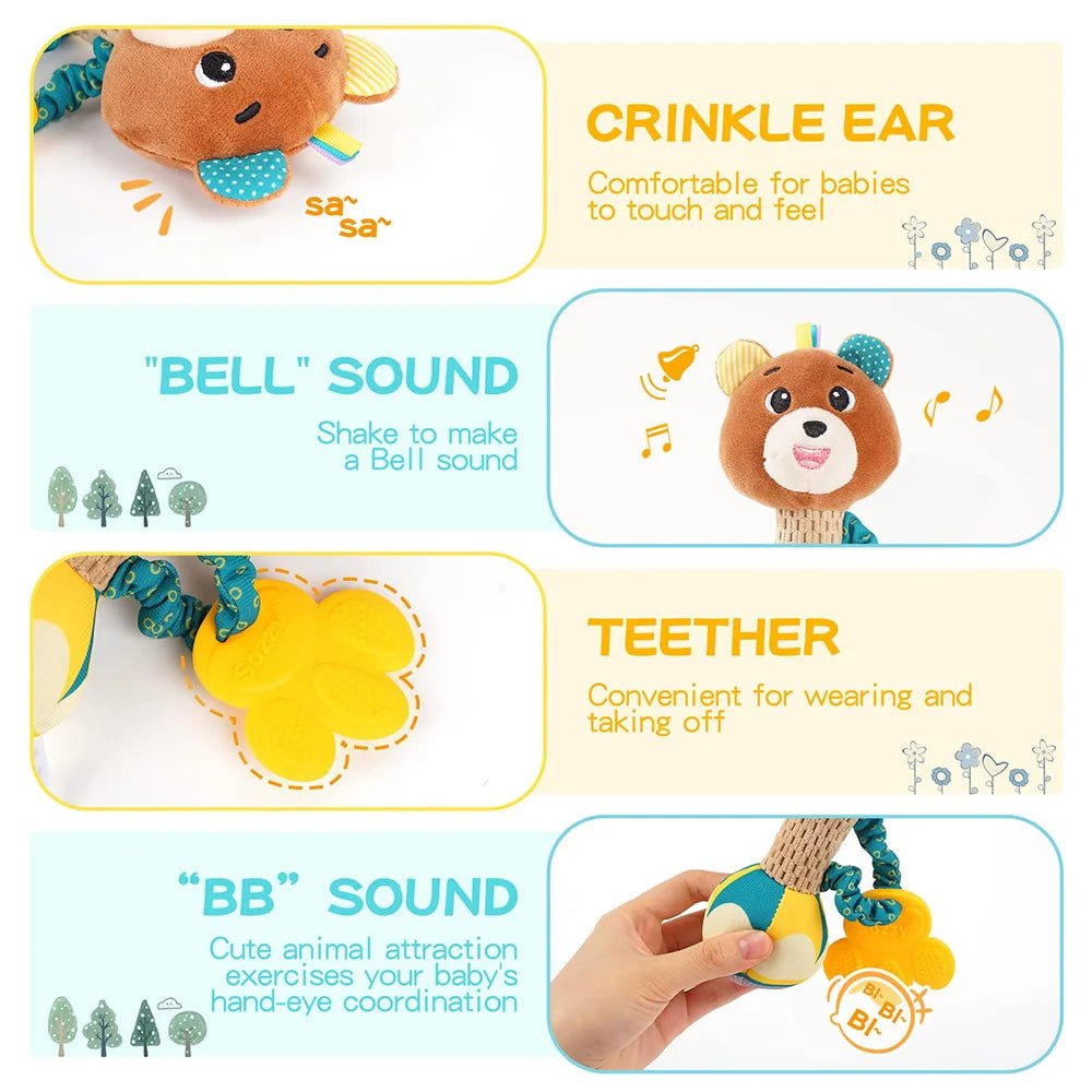 Baby Soft Stuffed Animal Rattle — Musical Crinkle Squeaky Sensory Toy | Hand Grip Shaker for Babies 0–24 Months - Babytopia32