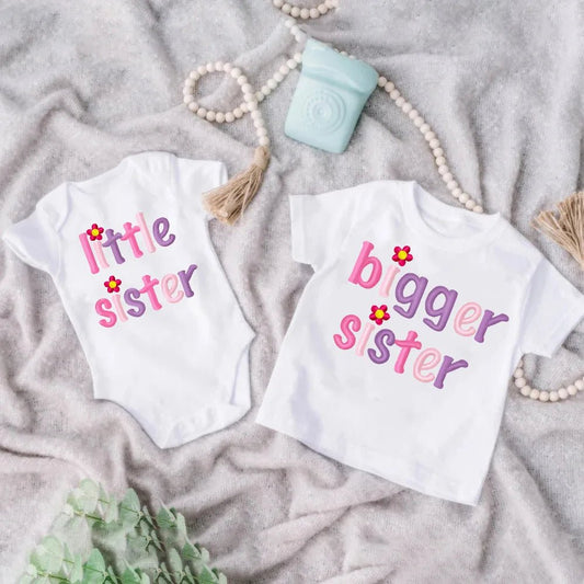 Big Sister Little Sister Matching Outfit Set | Letter Print Tee & Baby Romper | Sibling Gift, 3M-12Y - Babytopia32