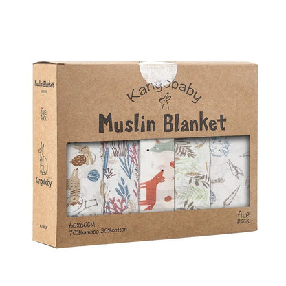 Kangobaby Soft Life 5-Piece Bamboo Cotton Muslin Blanket & Baby Burp Cloth Set - Babytopia32