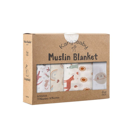 Kangobaby Soft Life 5-Piece Bamboo Cotton Muslin Blanket & Baby Burp Cloth Set - Babytopia32