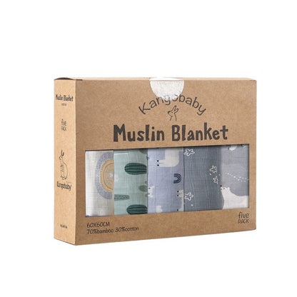 Kangobaby Soft Life 5-Piece Bamboo Cotton Muslin Blanket & Baby Burp Cloth Set - Babytopia32