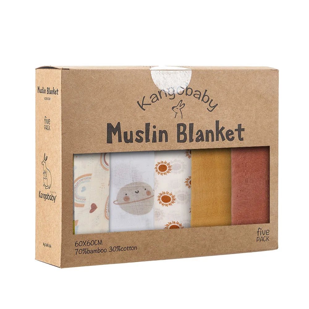 Kangobaby Soft Life 5-Piece Bamboo Cotton Muslin Blanket & Baby Burp Cloth Set - Babytopia32