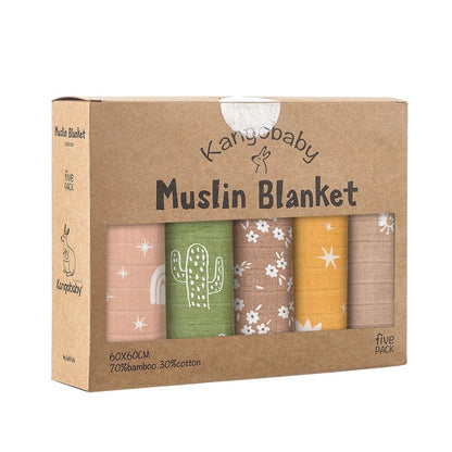 Kangobaby Soft Life 5-Piece Bamboo Cotton Muslin Blanket & Baby Burp Cloth Set - Babytopia32