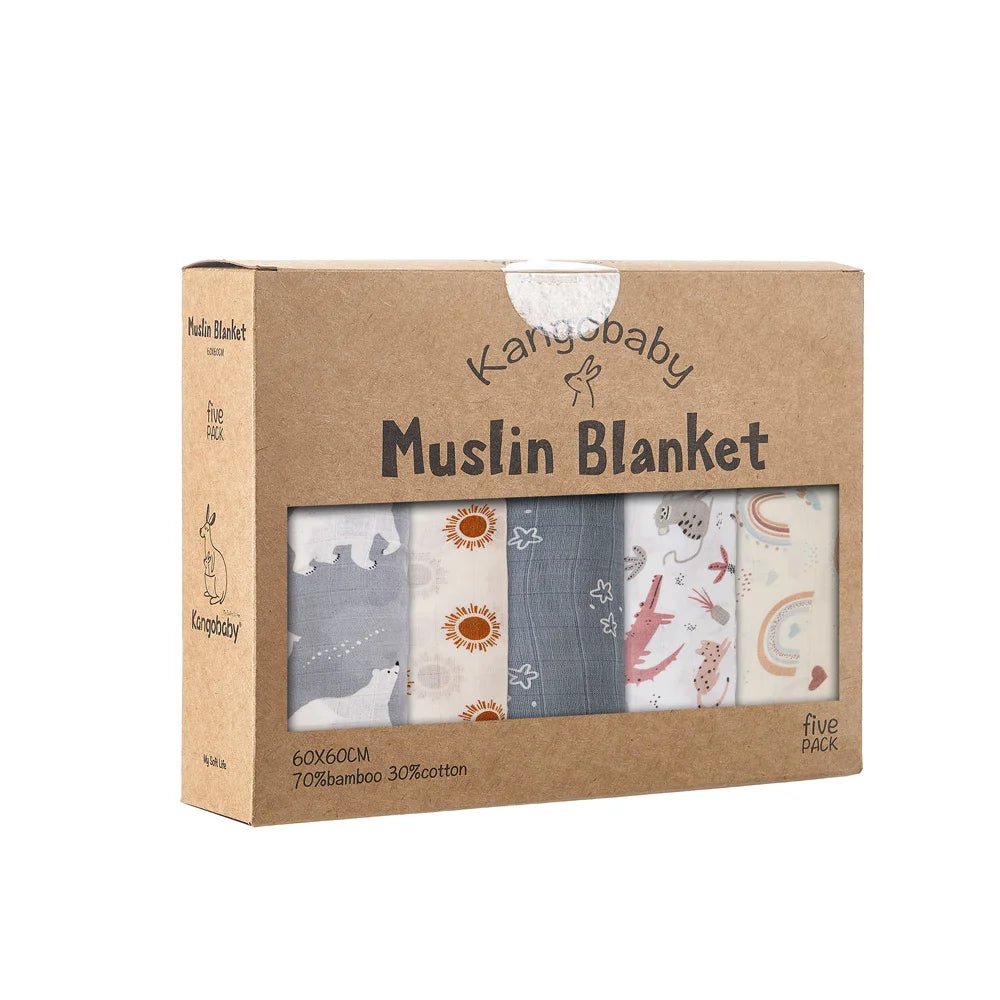 Kangobaby Soft Life 5-Piece Bamboo Cotton Muslin Blanket & Baby Burp Cloth Set - Babytopia32