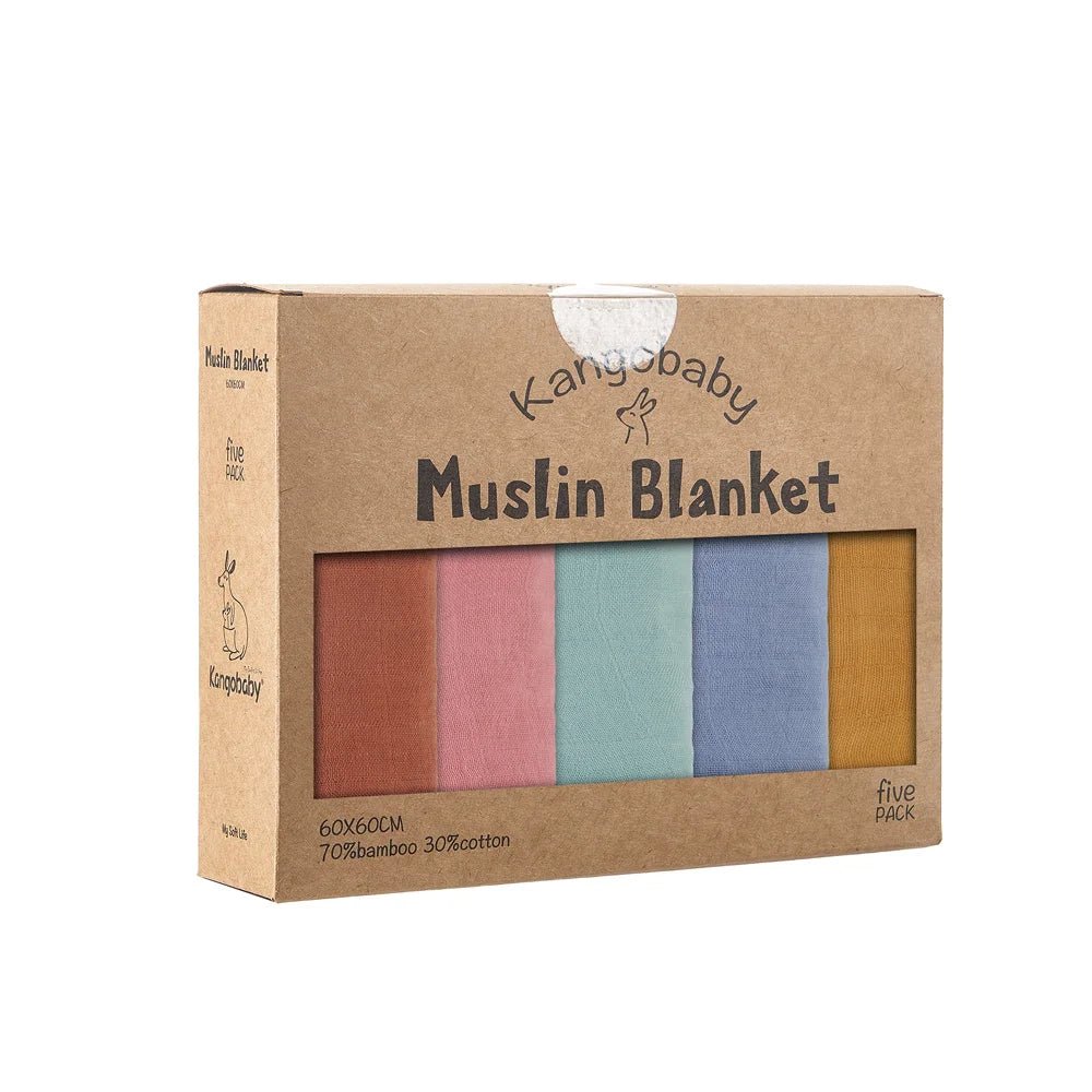 Kangobaby Soft Life 5-Piece Bamboo Cotton Muslin Blanket & Baby Burp Cloth Set - Babytopia32