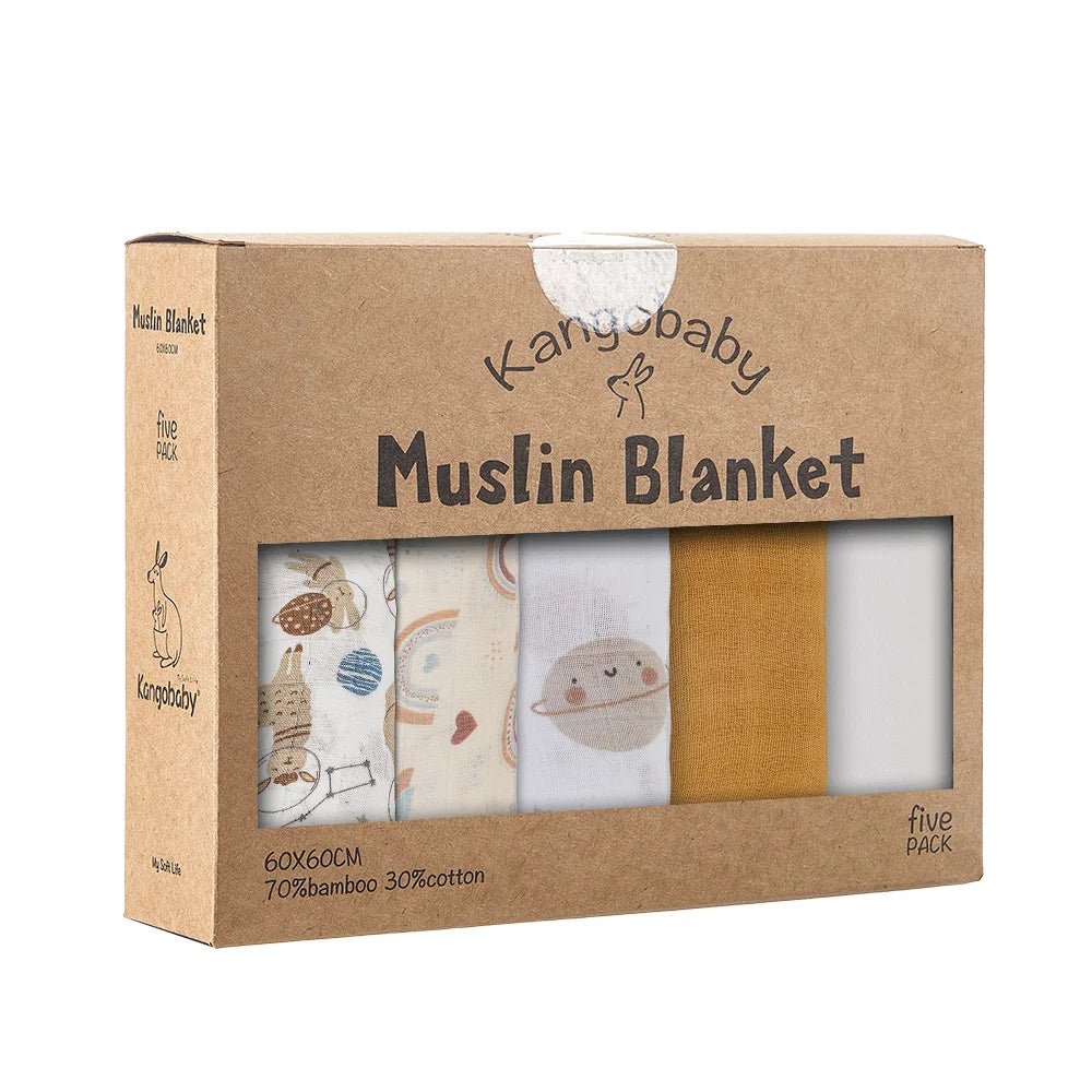 Kangobaby Soft Life 5-Piece Bamboo Cotton Muslin Blanket & Baby Burp Cloth Set - Babytopia32