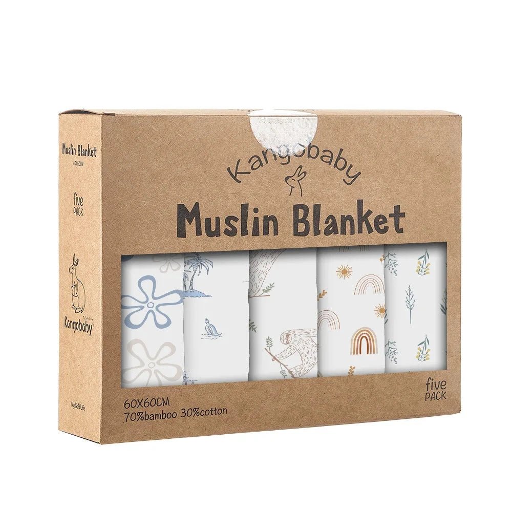 Kangobaby Soft Life 5-Piece Bamboo Cotton Muslin Blanket & Baby Burp Cloth Set - Babytopia32