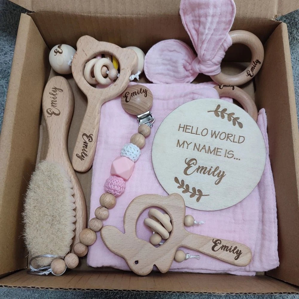 Personalized Baby Gift Box Set – 8pcs Natural Wood Teether, Rattle & Keepsake - Babytopia32