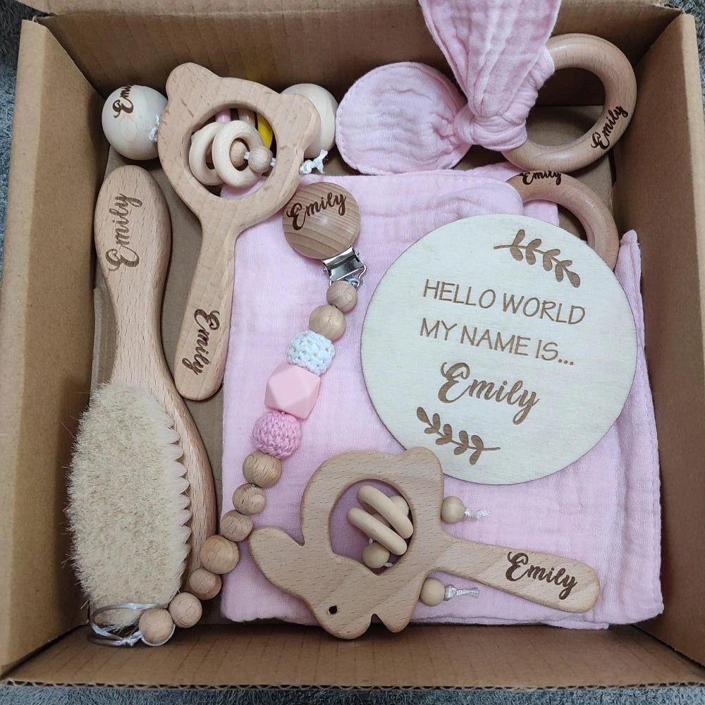 Personalized Baby Gift Box Set – 8pcs Natural Wood Teether, Rattle & Keepsake - Babytopia32