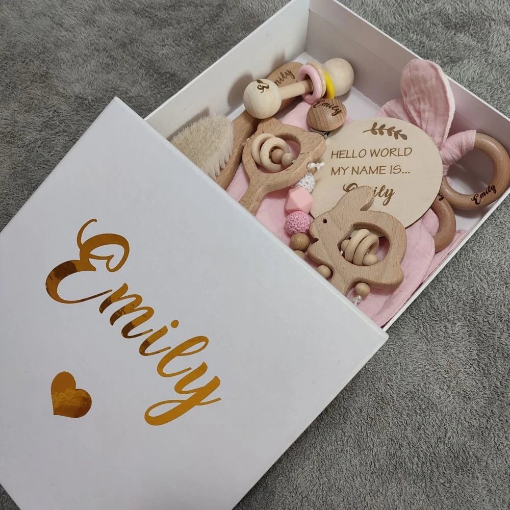 Personalized Baby Gift Box Set – 8pcs Natural Wood Teether, Rattle & Keepsake - Babytopia32