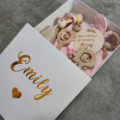 Personalized Baby Gift Box Set – 8pcs Natural Wood Teether, Rattle & Keepsake - Babytopia32