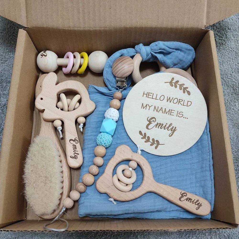 Personalized Baby Gift Box Set – 8pcs Natural Wood Teether, Rattle & Keepsake - Babytopia32