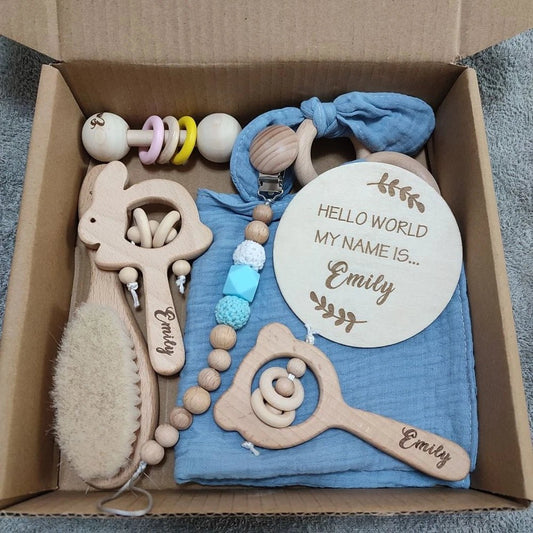 Personalized Baby Gift Box Set – 8pcs Natural Wood Teether, Rattle & Keepsake - Babytopia32