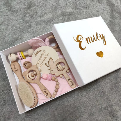 Personalized Baby Gift Box Set – 8pcs Natural Wood Teether, Rattle & Keepsake - Babytopia32