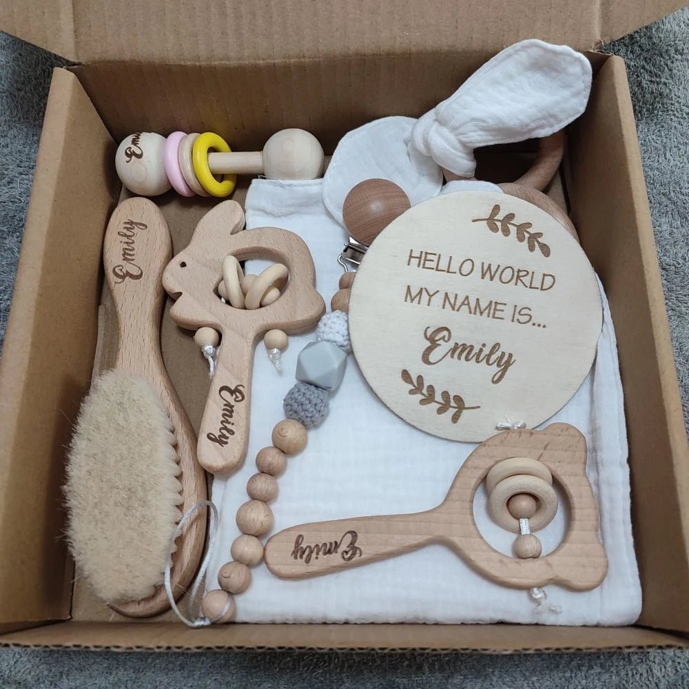 Personalized Baby Gift Box Set – 8pcs Natural Wood Teether, Rattle & Keepsake - Babytopia32