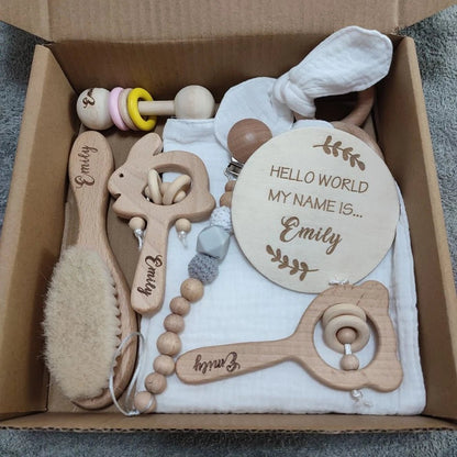 Personalized Baby Gift Box Set – 8pcs Natural Wood Teether, Rattle & Keepsake - Babytopia32