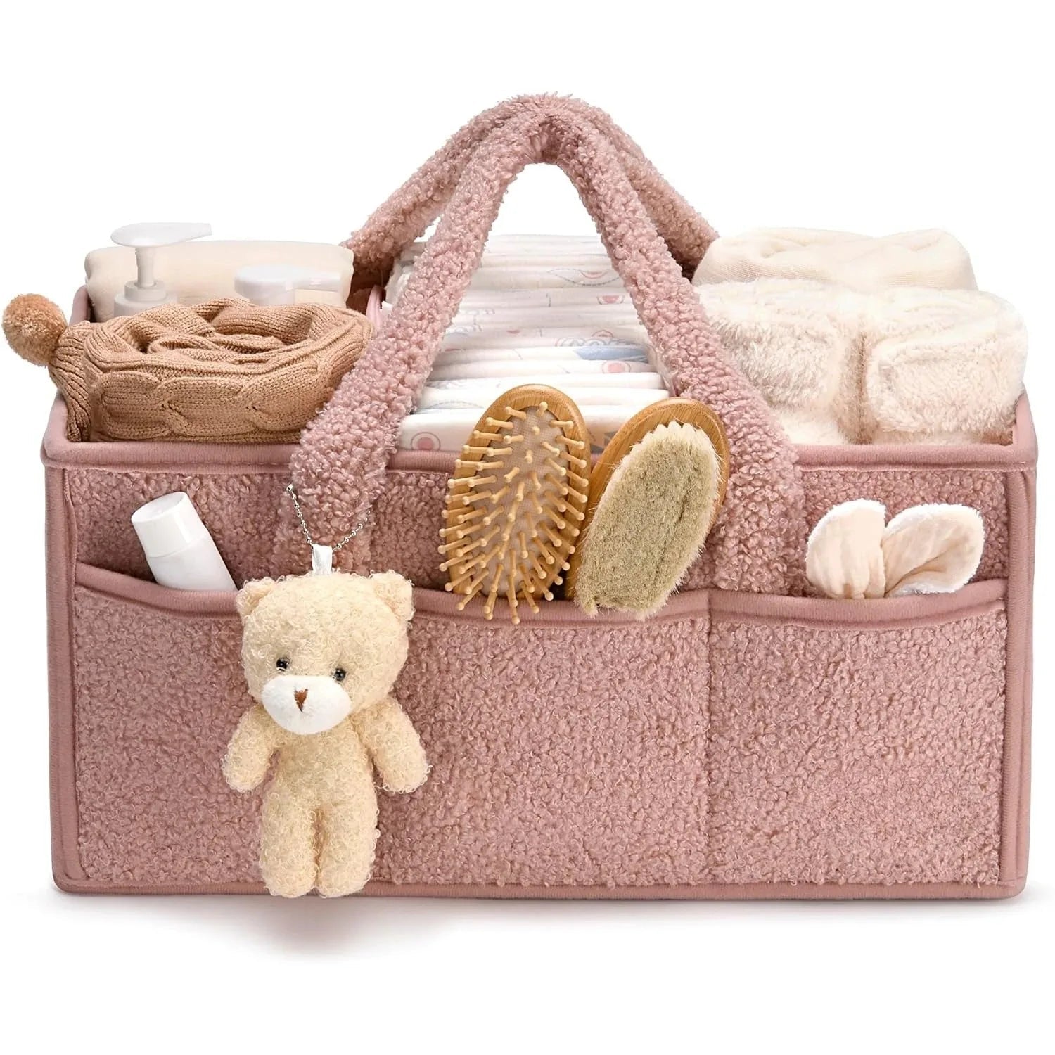 Plush Sherpa Baby Diaper Caddy Organizer with Teddy Bear Charm – Nursery Changing Table Storage - Babytopia32