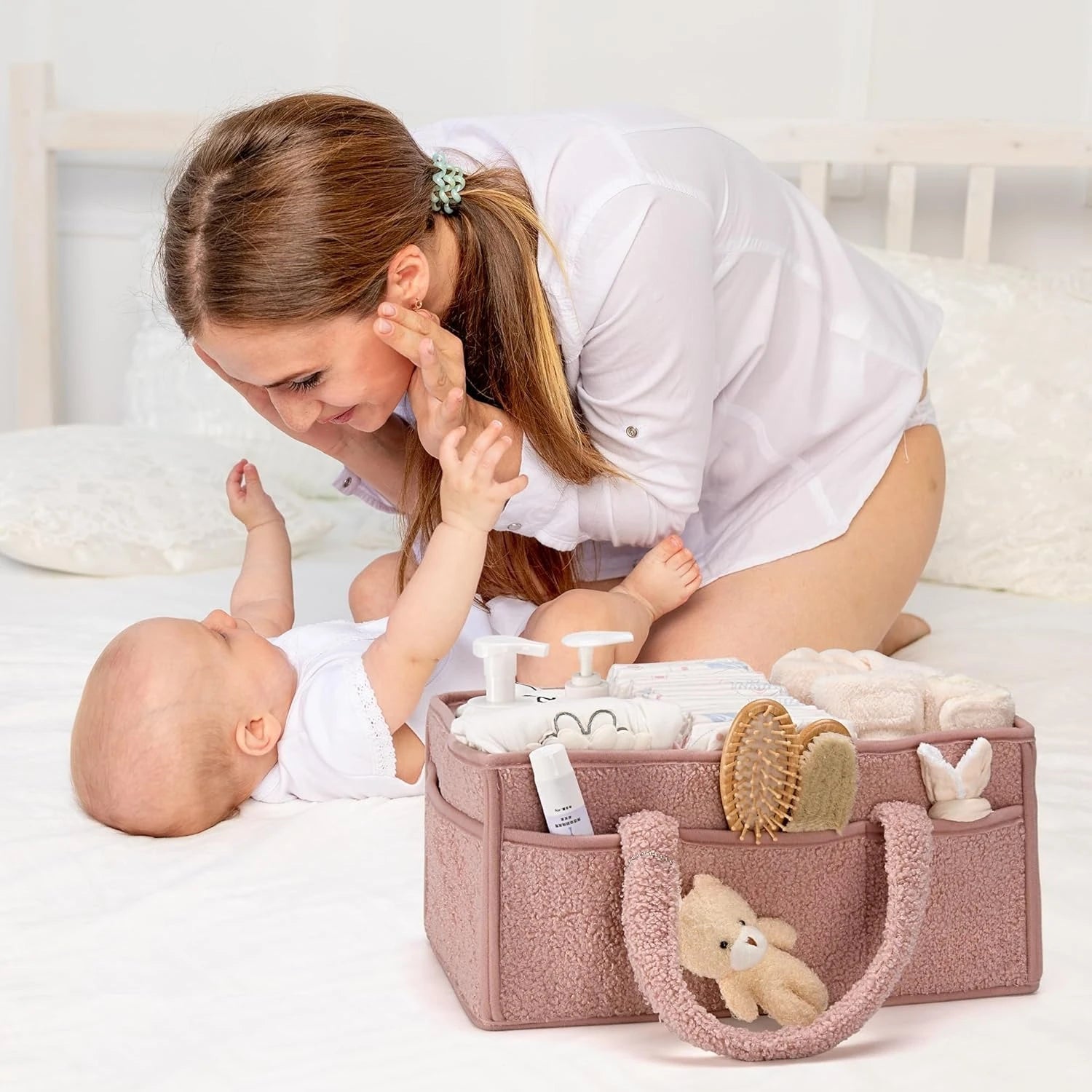 Plush Sherpa Baby Diaper Caddy Organizer with Teddy Bear Charm – Nursery Changing Table Storage - Babytopia32