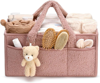 Plush Sherpa Baby Diaper Caddy Organizer with Teddy Bear Charm – Nursery Changing Table Storage - Babytopia32