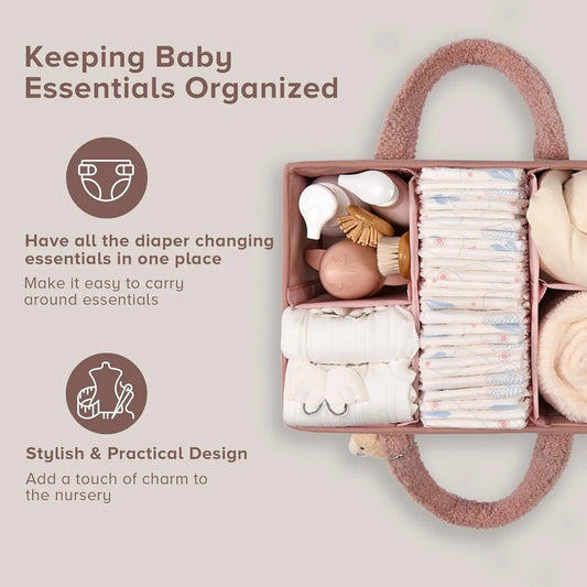 Plush Sherpa Baby Diaper Caddy Organizer with Teddy Bear Charm – Nursery Changing Table Storage - Babytopia32