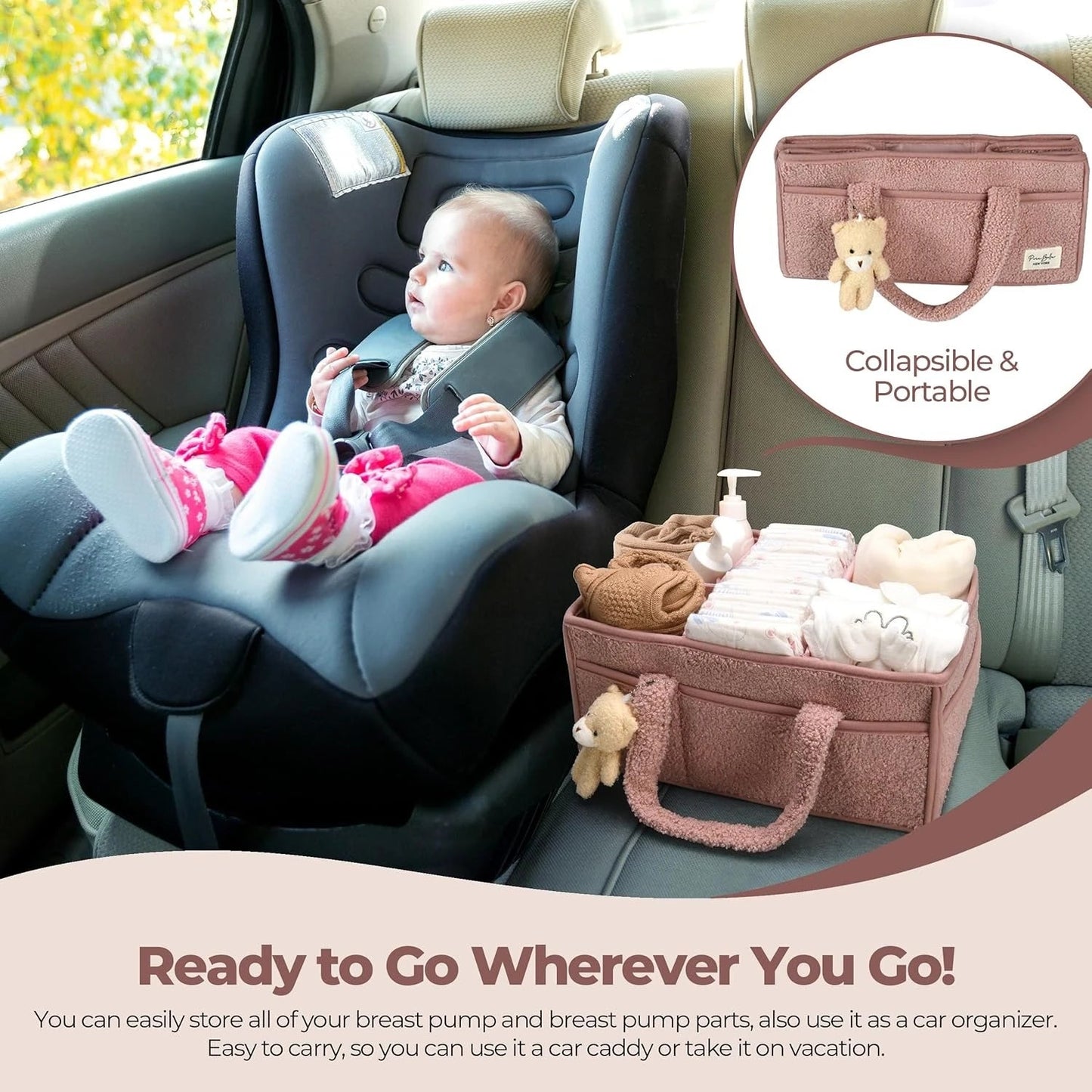 Plush Sherpa Baby Diaper Caddy Organizer with Teddy Bear Charm – Nursery Changing Table Storage - Babytopia32