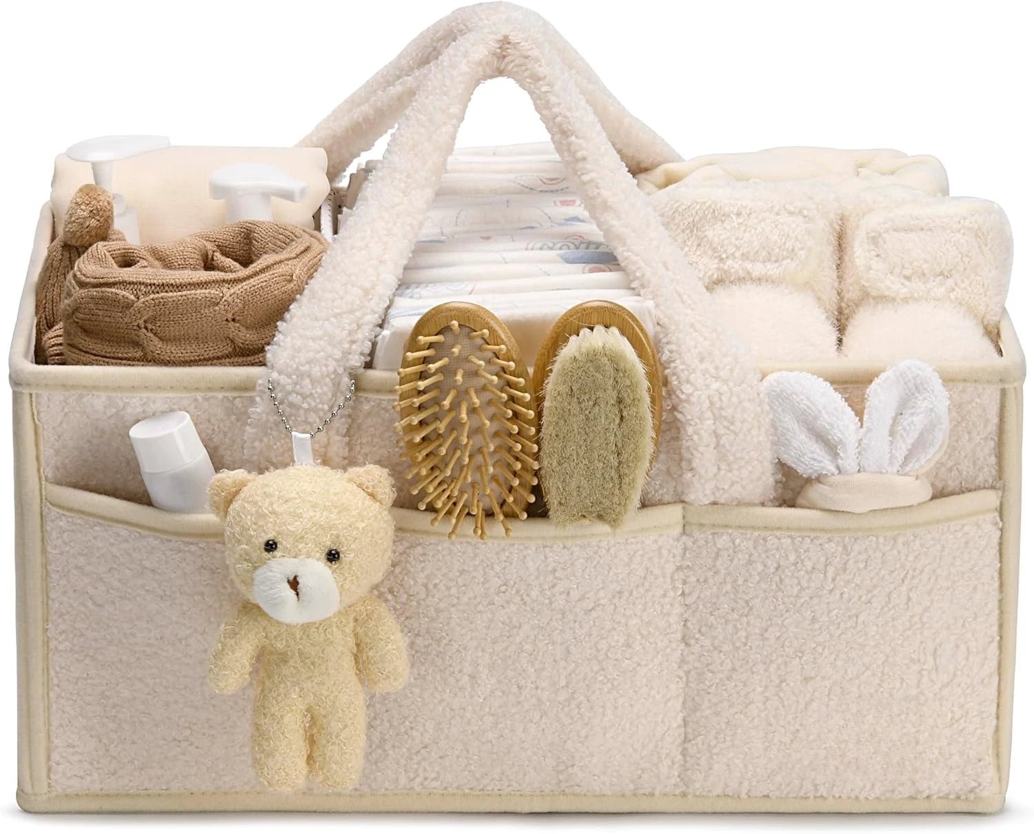 Plush Sherpa Baby Diaper Caddy Organizer with Teddy Bear Charm – Nursery Changing Table Storage - Babytopia32