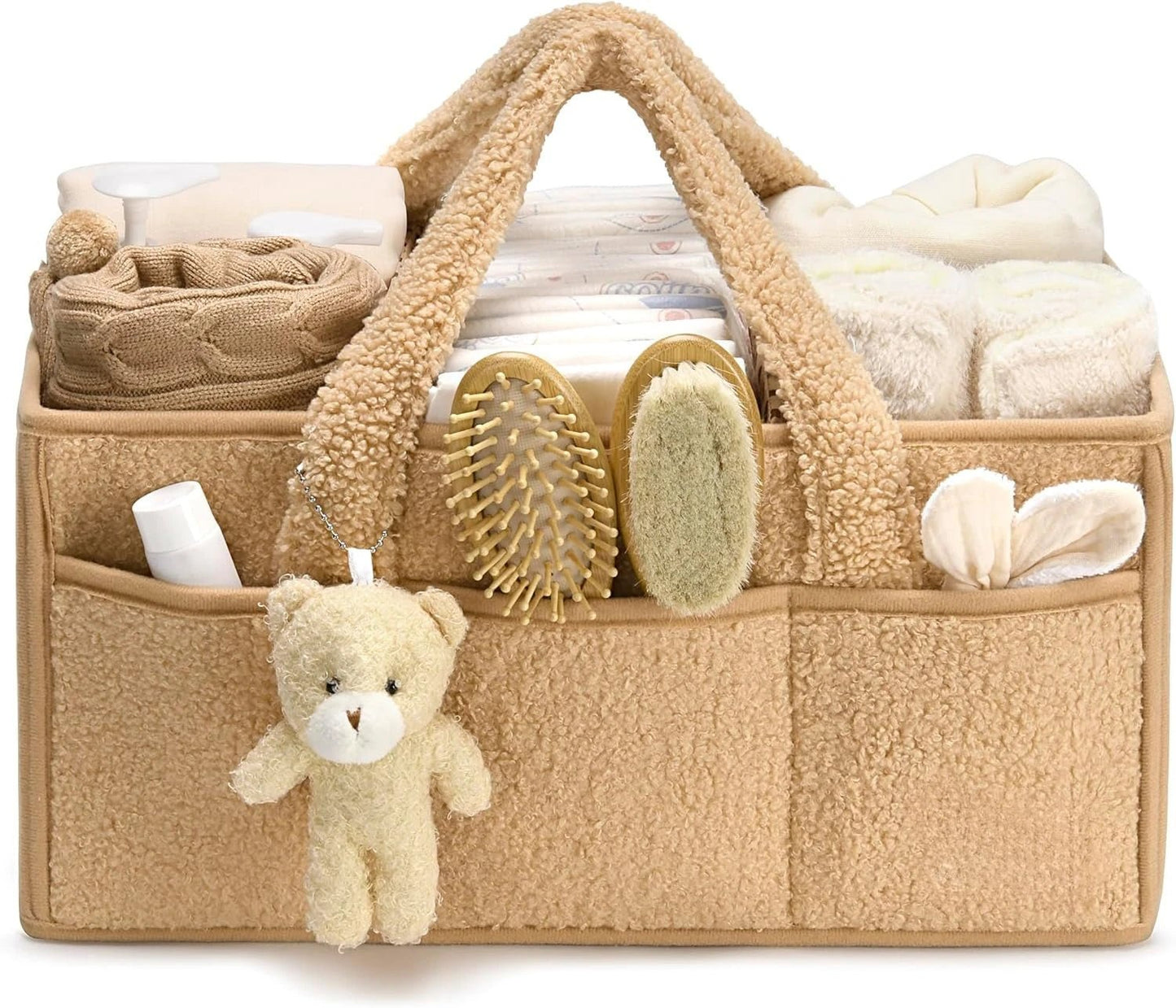 Plush Sherpa Baby Diaper Caddy Organizer with Teddy Bear Charm – Nursery Changing Table Storage - Babytopia32