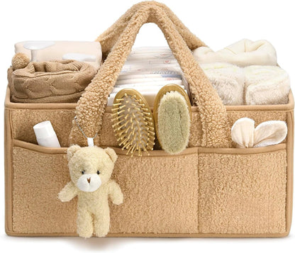 Plush Sherpa Baby Diaper Caddy Organizer with Teddy Bear Charm – Nursery Changing Table Storage - Babytopia32