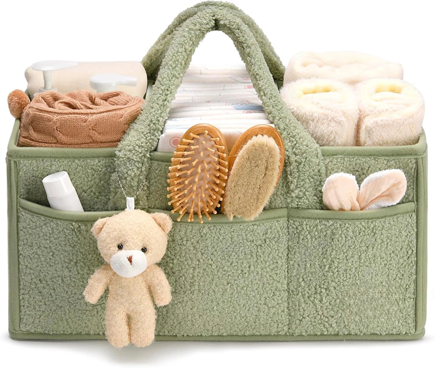 Plush Sherpa Baby Diaper Caddy Organizer with Teddy Bear Charm – Nursery Changing Table Storage - Babytopia32